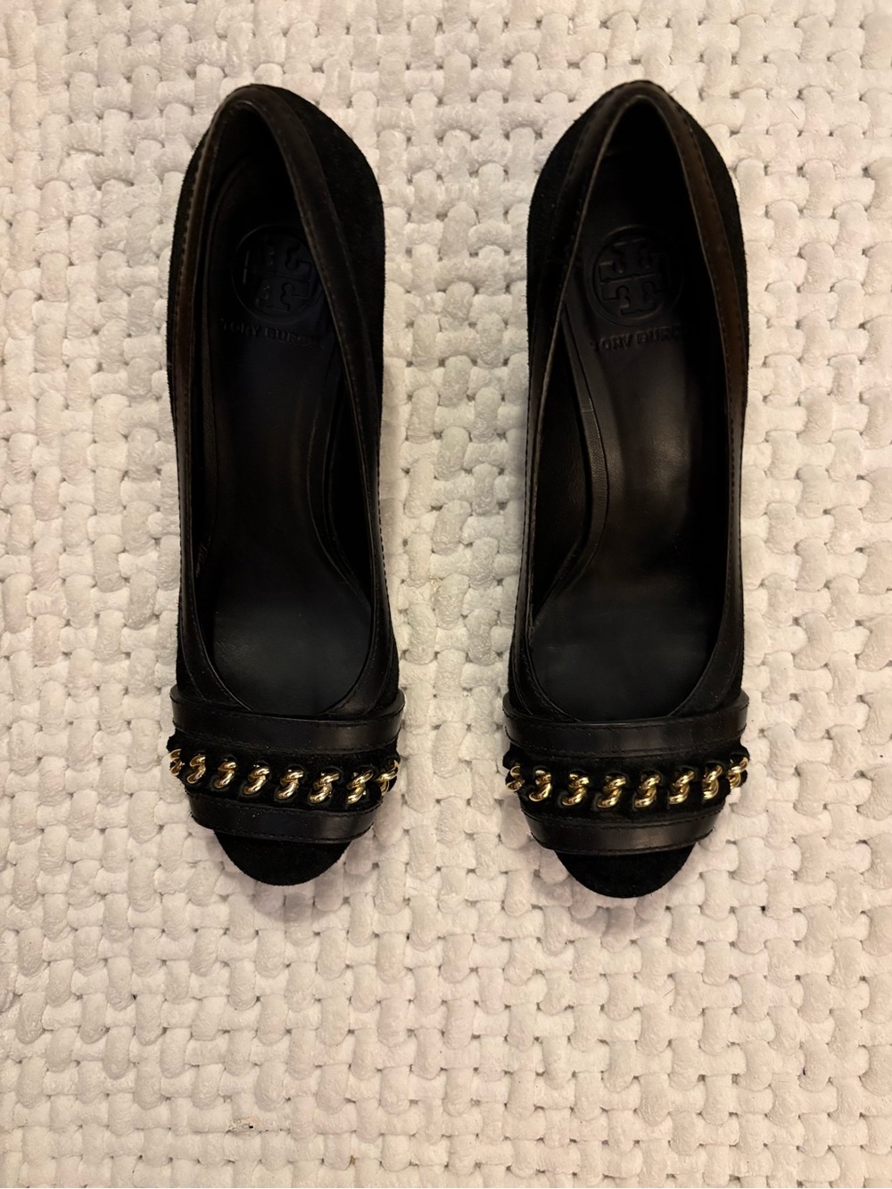 Tory Burch Black Peep-Toe Heels with Gold Chain Trim